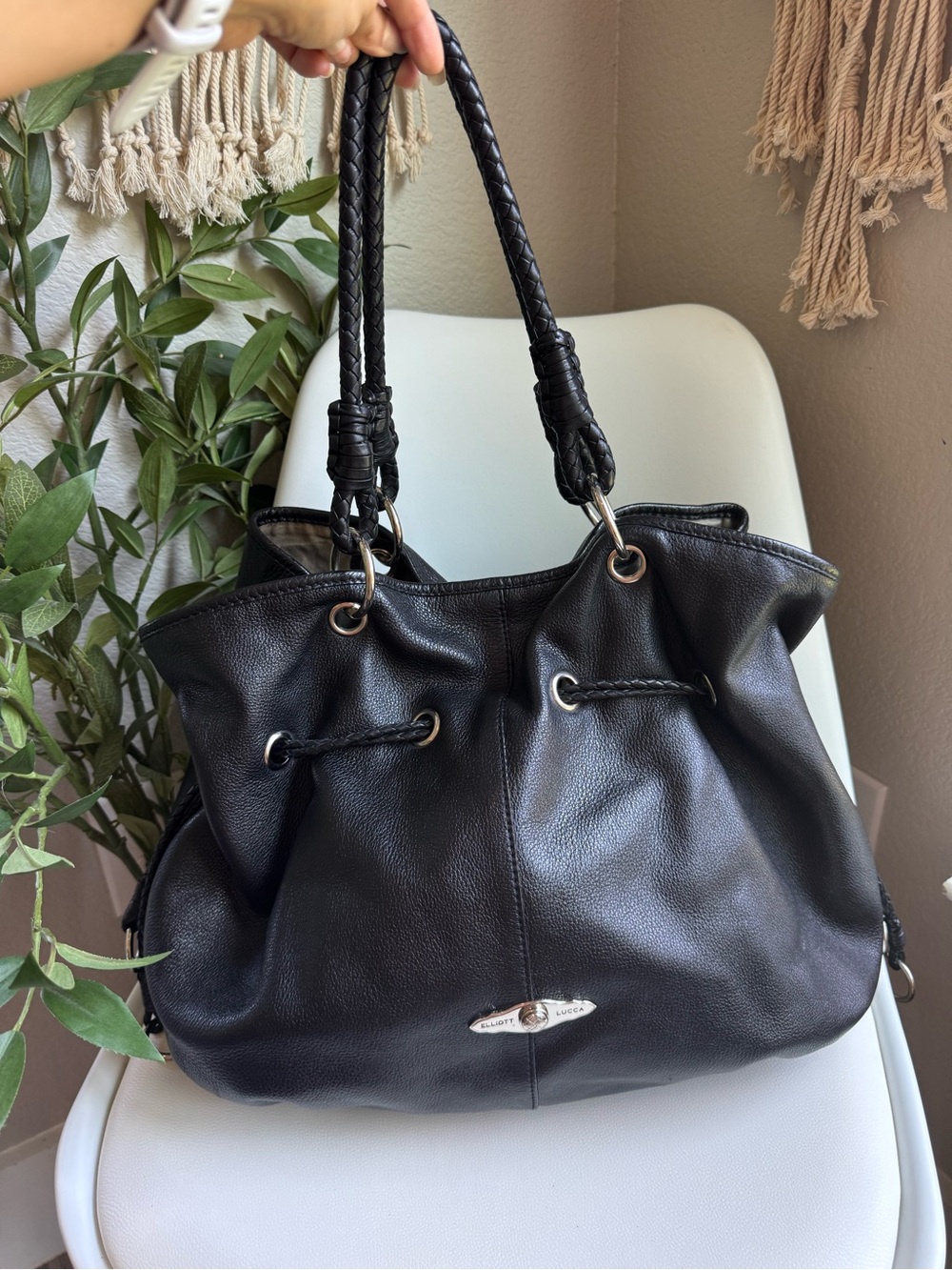 Elliott Lucca Black Genuine Leather Drawstring Tote Large Slouchy Hobo Shoulder